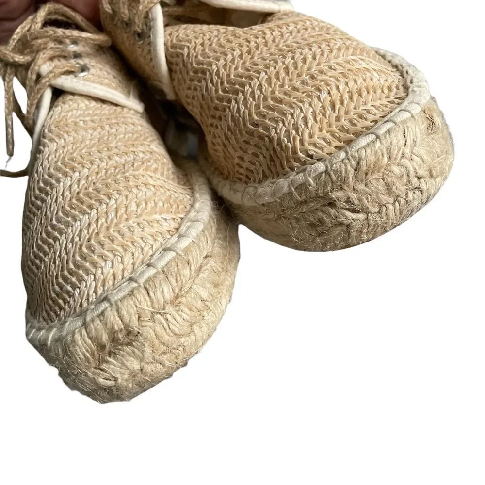 SCHUTZ Woven Flat Slip-On Lace Up Espadrilles Sandals Shoes Tan Straw 8